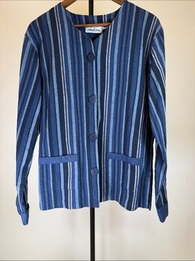 Vintage Marla Kim Classic Striped Blue Women's Linen Cotton Blend Jacket | Sz L